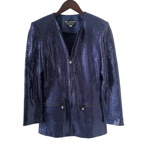 St. John Couture Dark Blue Paillette and Crystal 3/4 Sleeve Knit Jacket Size 2 - Picture 6 of 11
